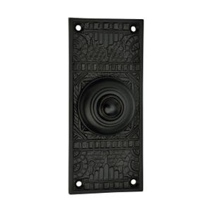 Puede incluir: Timbre rectangular negro con diseño Art Déco. El timbre tiene un botón circular en el centro y patrones decorativos. Fabricado en metal con un acabado mate, ideal para puertas.