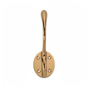 May include: A gold-colored wall hook with an oval base and a curved hook. The hook is made of metal and has a polished finish. The oval base has four screw holes for mounting. This decorative hook is suitable for coats, hats, or other items.