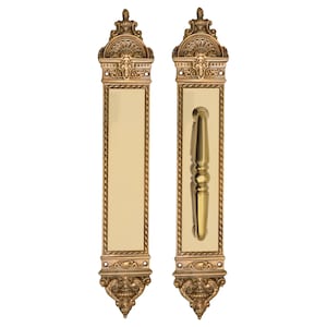 Può includere: Due set di maniglie per porte dorate ornate. Ogni set presenta una placca rettangolare con un pannello centrale e finiture decorative. Un set include una maniglia arrotondata. Il design incorpora elementi floreali e a volute.