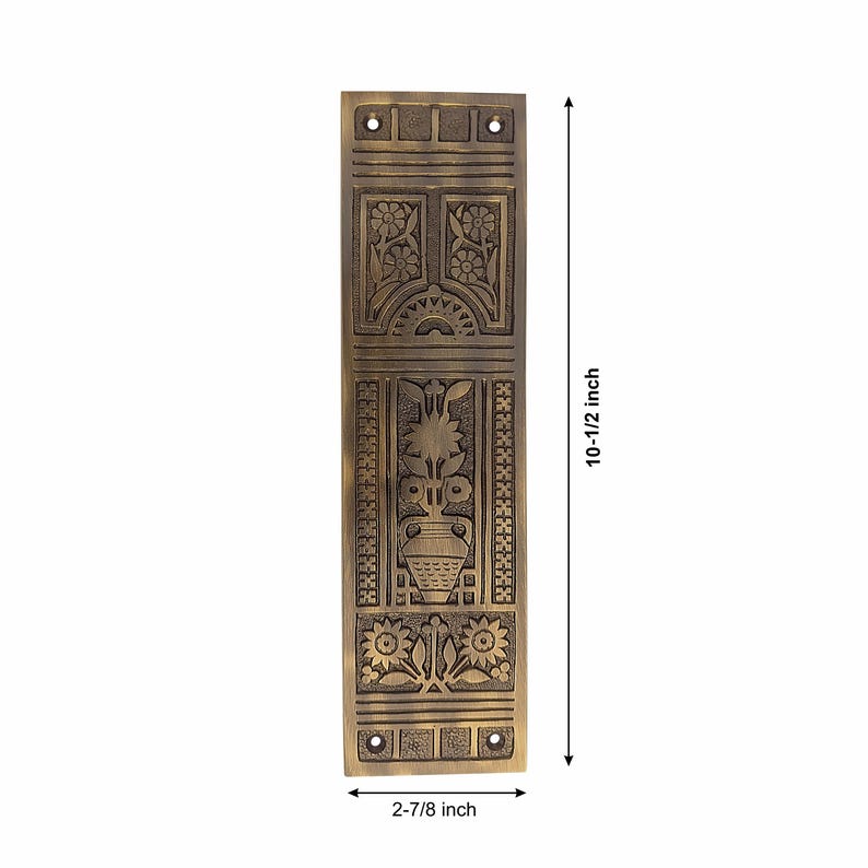 Solid Brass Push Plate –Vintage Potted Flower Door Plate •Antique Floral Door Hardware •Decorative Brass Door Push Plate for Home & Entryway image 3