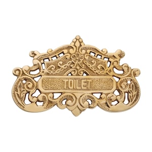 Vintage Solid Brass Toilet Door Sign – Antique Style Bathroom Plaque – Ornate Restroom Door Plate – Victorian Brass Sign for Home Decor