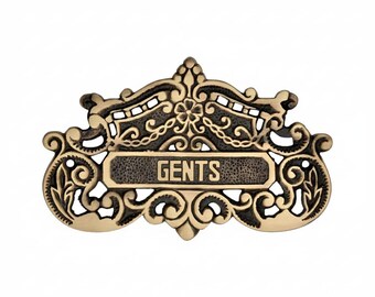 Vintage Brass “Gents” Bathroom Door Sign – Ornate Antique-Style Men’s Restroom Plaque, Victorian Metal Toilet Sign