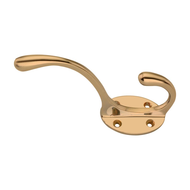 May include: A gold-colored metal coat hook with a curved arm and a rounded hook end. The hook is mounted on an oval base with four screw holes, designed for wall mounting. The finish is shiny.