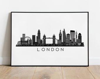 London Skyline Print, Monochrome Cityscape Wall Art, Black White Decor Poster, England Travel Gift Printable Digital Download