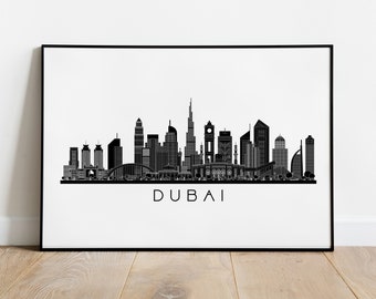 Dubai Skyline Print, Monochrome Cityscape Wall Art, Black White Decor Poster, Arab Emirates Travel Gift Printable Digital Download