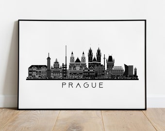 Prague Skyline Print, Monochrome Cityscape Wall Art, Black White Decor Poster, Czech Republic Travel Gift Printable Digital Download