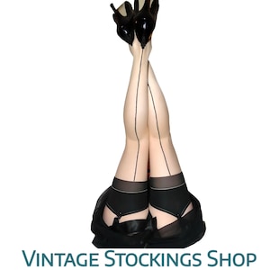 Seamed Stockings Cuban Heel Natural/Black Small/Medium NEW