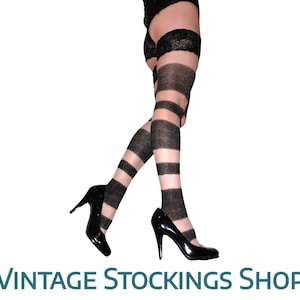 Hold Ups Stockings Patterned Black/Natural Lace Top Medium/Large NEW