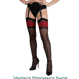 May include: Black thigh-high stockings with red rose patterns at the top. The stockings are held up by a black garter belt. The model is wearing black high-heeled shoes. The text "VINTAGE STOCKINGS SHOP" is at the bottom.