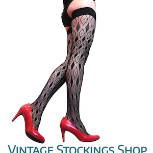 Black Hold Ups Stockings Patterned Vintage Pretty Polly NEW S/M
