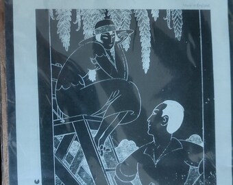 May include: Black and white illustration of a woman sitting on a ladder and a man standing below her. The image is from a vintage advertisement for "FUNN Ladies Hosiery of Distinction Rayon Stockings".