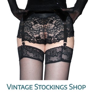 Black Stockings Deep Lace Top Vintage Sexy New One Size