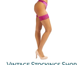 Hold Ups Stockings Purple Lace Top Natural Leg Medium NEW