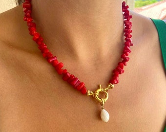 Red Coral Necklace With Pearl, Gold Plated Clasp, Mental Health and Fortune Gift