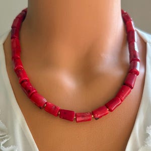 Red Coral Beaded Necklace with Gold Accents | Chunky Natural Coral Statement Jewelry | Handmade Bold Necklace Gift for Her