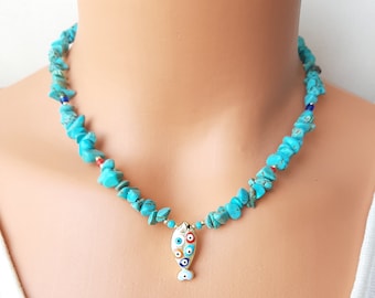 Collar de cuentas de turquesa auténtica: dije de pez de mal de ojo