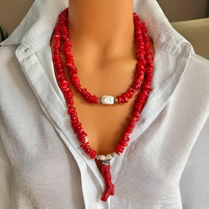 Natural Red Coral & Layered Necklace with Pearl Details