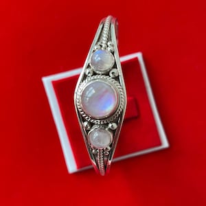 Rainbow Moonstone Silver Bracelet / Bangle, 925 Sterling Silver, three stones, adjustable, handcrafted in Nepal, for women / men