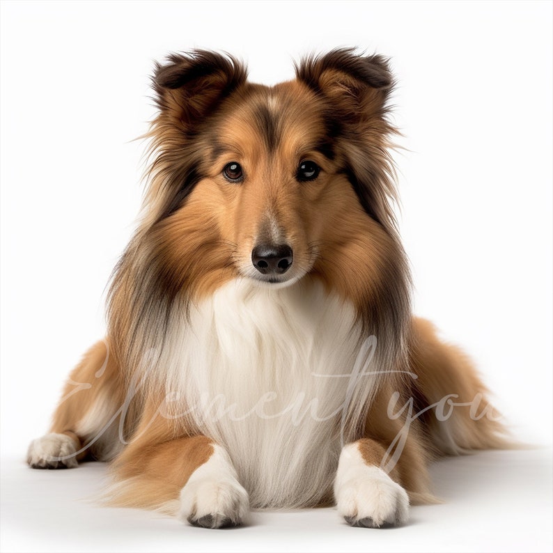 May include: A sable and white Sheltie dog with long fur is lying down with its paws in front of it. The dog is looking directly at the camera.