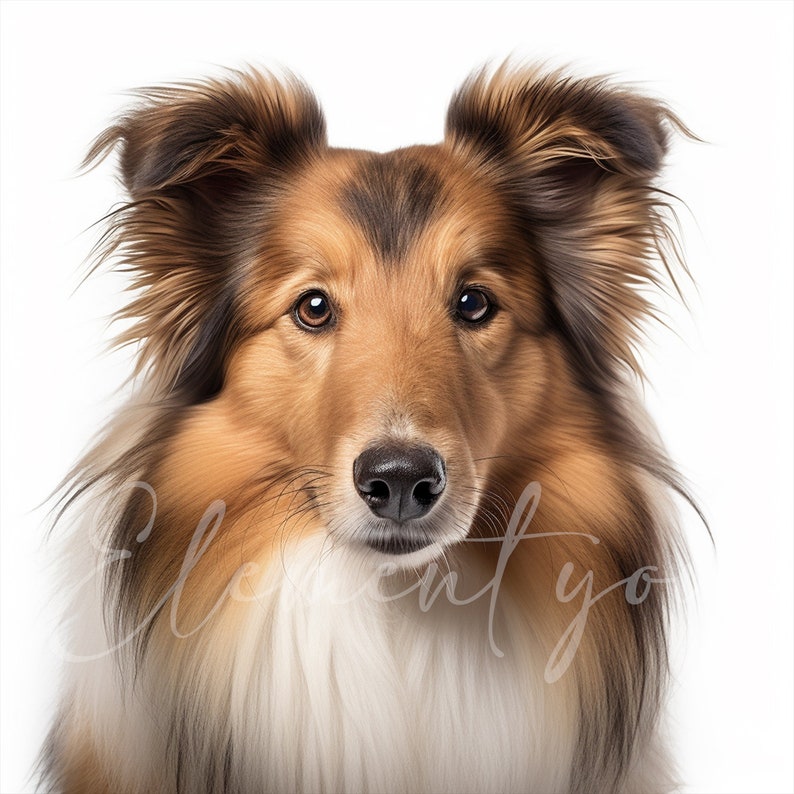 May include: A close-up portrait of a brown and white Collie dog with long fur. The dog has brown eyes and a black nose. The dog is looking directly at the camera.