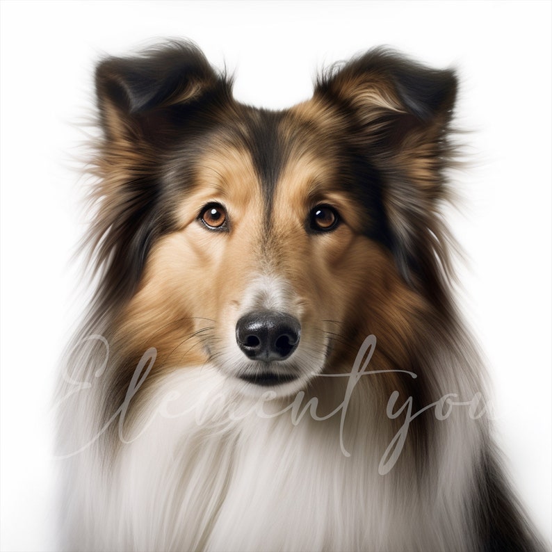 May include: A close-up portrait of a brown and white Collie dog with a black nose and brown eyes. The dog is looking directly at the camera.
