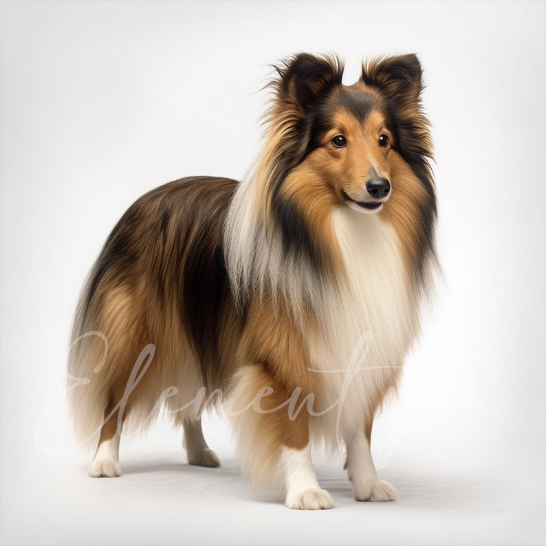 May include: A brown and white Shetland Sheepdog with long fur stands on a white background. The dog has a black nose and brown eyes. The dog is looking to the right of the image.