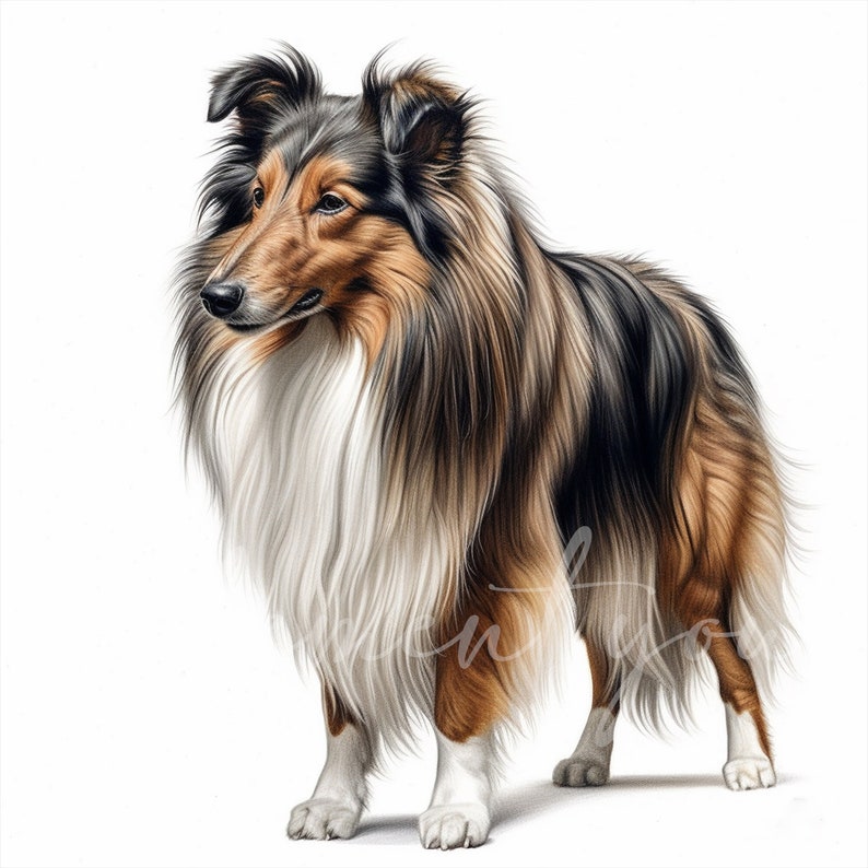 May include: A sable and white Sheltie dog with a long, flowing coat stands on a white background. The dog has a black nose and brown eyes.