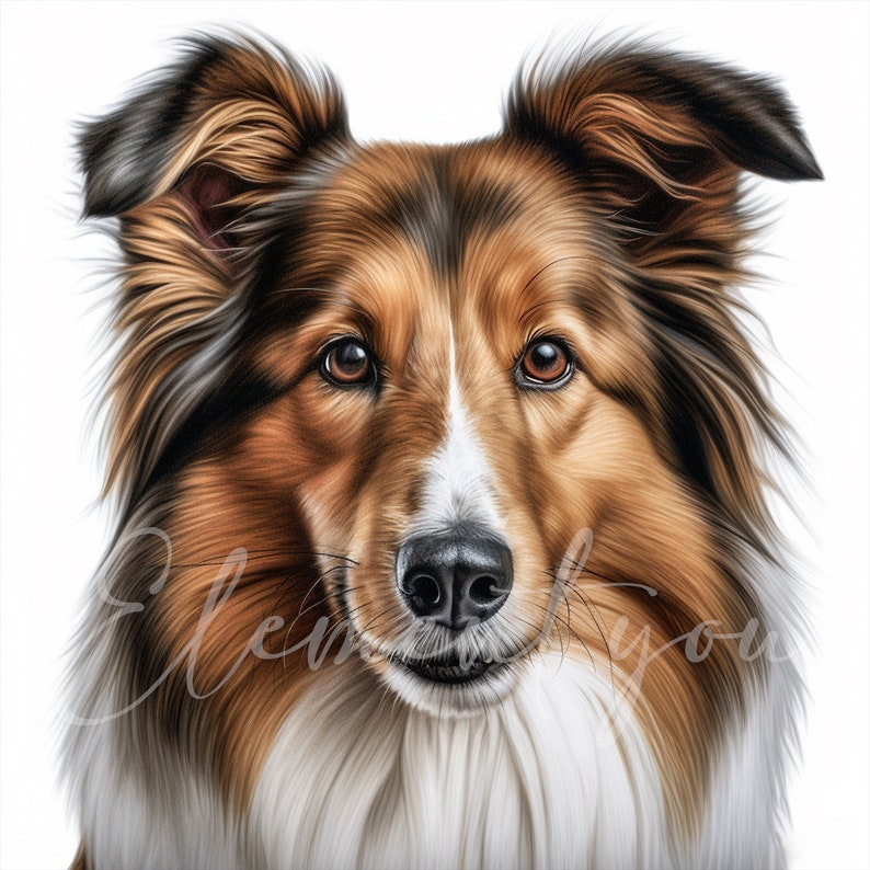 May include: A close-up portrait of a brown and white Collie dog with a soft, fluffy coat. The dog has a kind expression with brown eyes and a white patch on its chest.