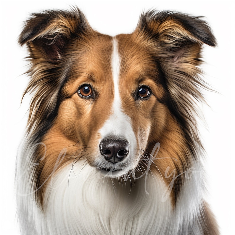 May include: A close-up portrait of a brown and white Collie dog with a long, fluffy coat. The dog has a serious expression and is looking directly at the camera.