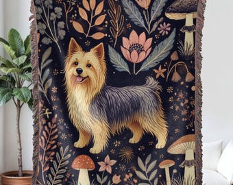 Manta tejida Silky Terrier, tapiz floral para perros, regalos para dueños de perros, idea de regalo para mamás perrunas.