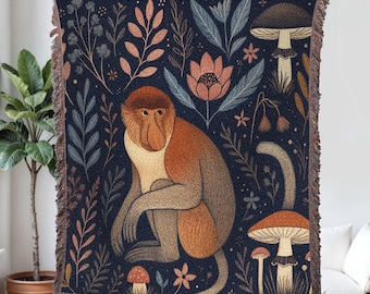 Proboscis Monkey Gewebte Decke, Affen Gewebte Tapisserie, Proboscis Monkey Liebhaber Geschenke, Affen werfen Wand Dekor Ästhetik