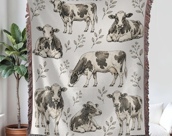 Cow Woven Blanket, Cows Floral Woven Tapestry, Cow Lover Gifts