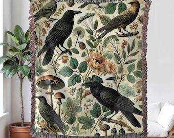 Crow Woven Blanket, Raven Boho woven tapestry, Crow Lover Gifts