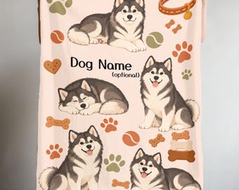 Alaskan Malamute Personalized Fleece Blanket, Custom Name Dog Throw, Dog Mom Gift, Pet Memorial Blanket