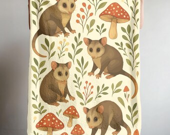 Possum Soft Blanket, Cottagecore Velveteen Throw, Floral Mushroom Tapestry, Cute Opossum Fleece Lap Throw