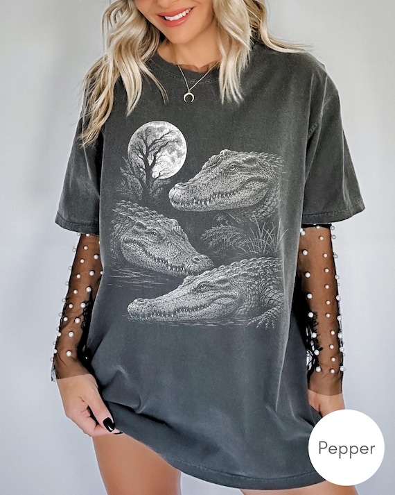 Crocodile and Moon Vintage 90s Style Comfort Colors Tee, Retro Wildlife Shirt, Alligator Lover Gift