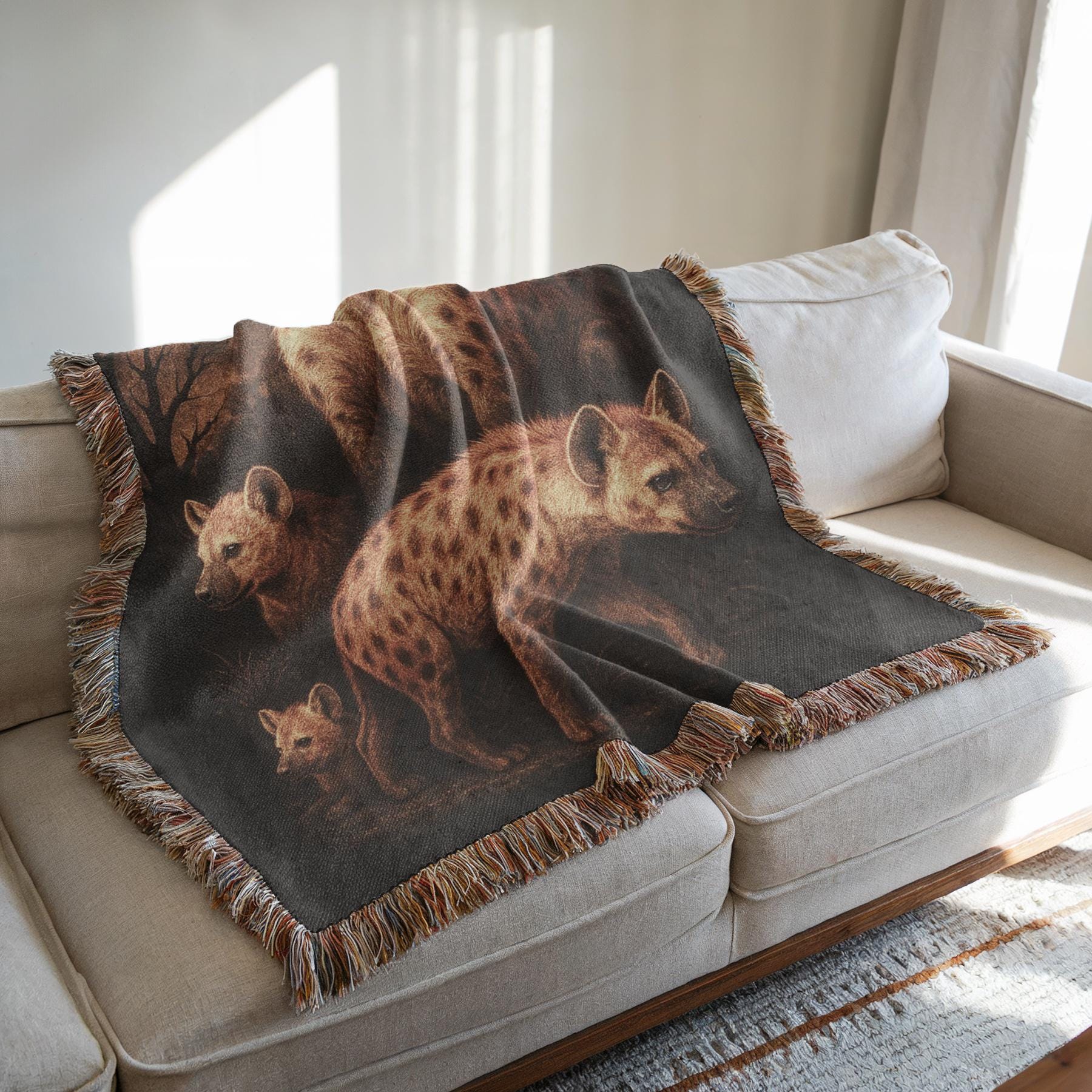 Hyena Woven Blanket, Hyena and Moon Tapestry, Hyenna Lover Gifts