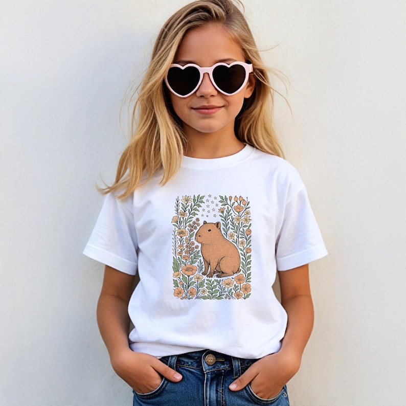 Puede incluir: Camiseta blanca con una ilustraci&oacute;n de carpincho rodeado de flores y follaje. El carpincho es marr&oacute;n y las flores son naranjas y amarillas. La persona lleva gafas de sol en forma de coraz&oacute;n.