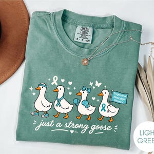 Puede incluir: Camiseta verde claro con un diseño de cuatro gansos de dibujos animados, cada uno con un accesorio diferente, y el texto "just a strong goose". Un ganso tiene una cinta turquesa y otro una pancarta que dice "Trigeminal Neuralgia Warrior".