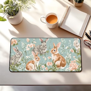 Bunny Botanical Desk Mat, Cute Bunnies Desk Mat, Bunny Cottagecore Mouse Pad, Teal Desk Pad, Vintage Bunny Office Decor