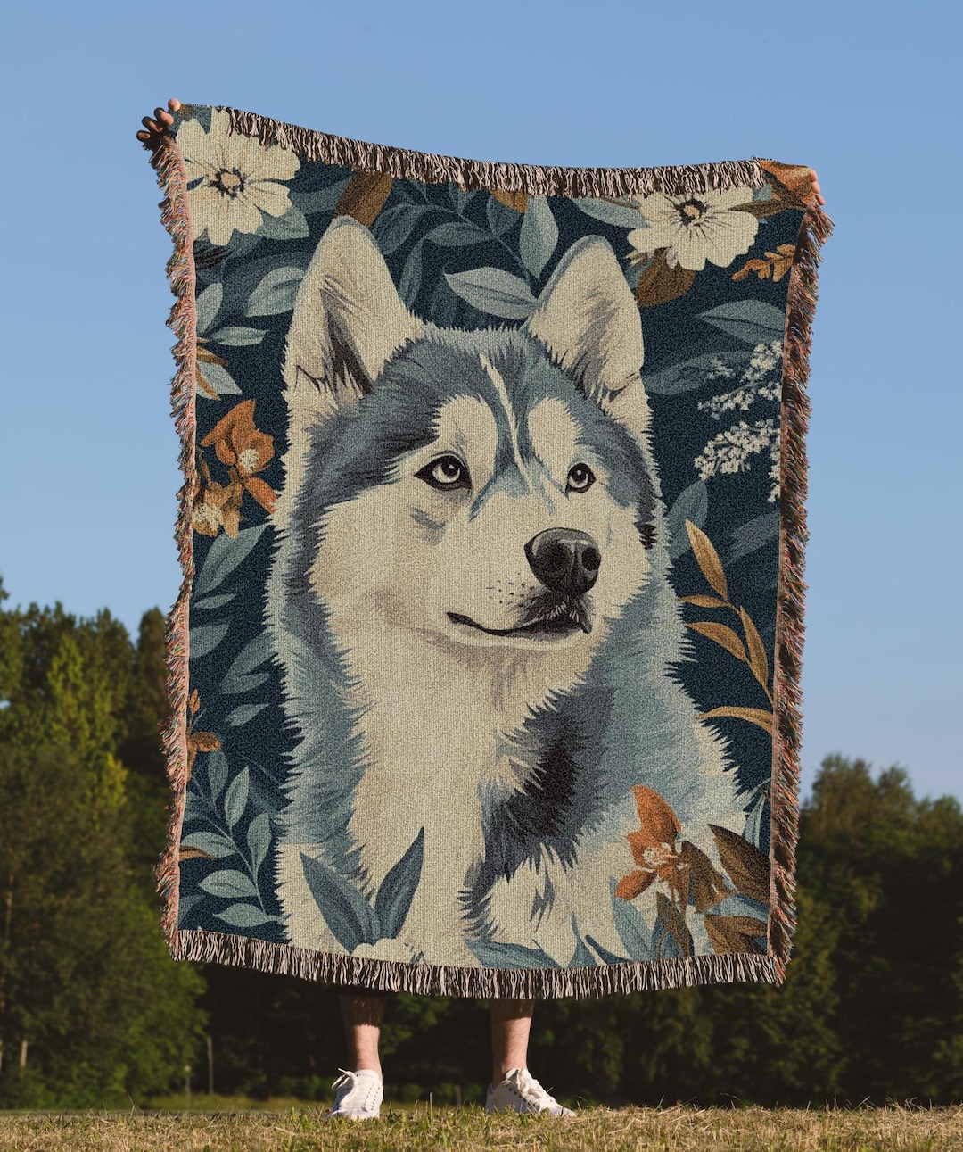 Siberian Husky Woven Blanket, Husky Tapestry, Husky Floral Throw, Dog ...