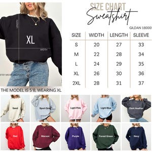 The image is a size chart for a black sweatshirt, showing different sizes and corresponding measurements. It also includes a collage of various colored sweatshirts, each with a different size and style.
