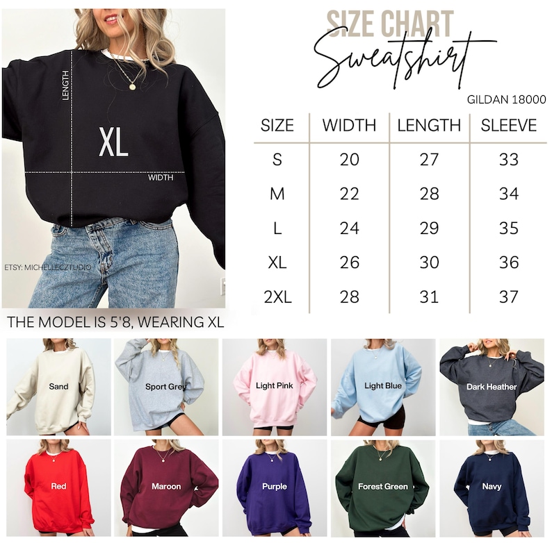 The image is a size chart for a black sweatshirt, showing different sizes and corresponding measurements. It also includes a collage of various colored sweatshirts, each with a different size and style.