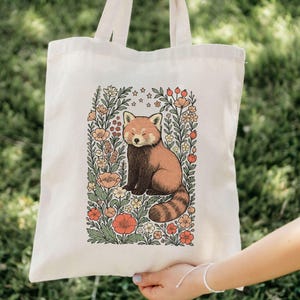 Cute Red Panda Floral Tote Bag, Red Panda Canvas Bag, Red Panda Lover Gift, Floral Canvas Tote Bag, Reusable Market Bag