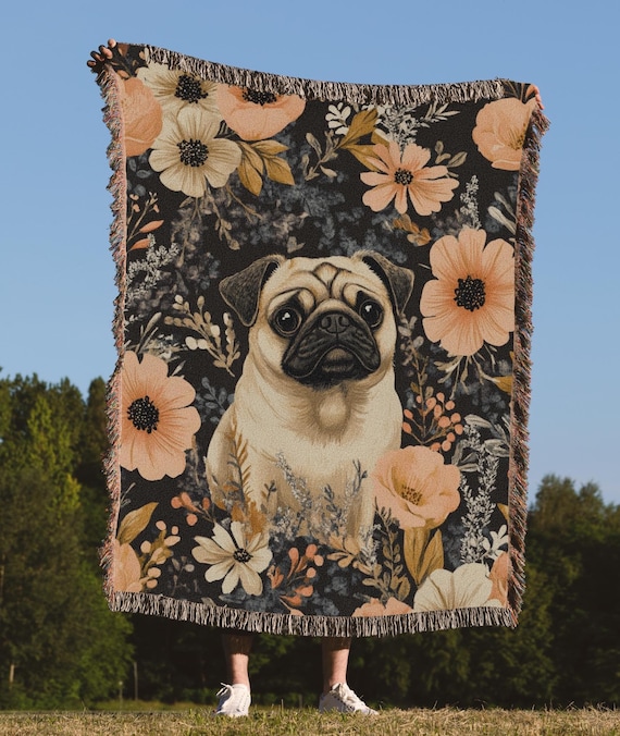Pug Woven Blanket, Pug Tapestry, Pug Floral Throw, Dog Owner Gifts