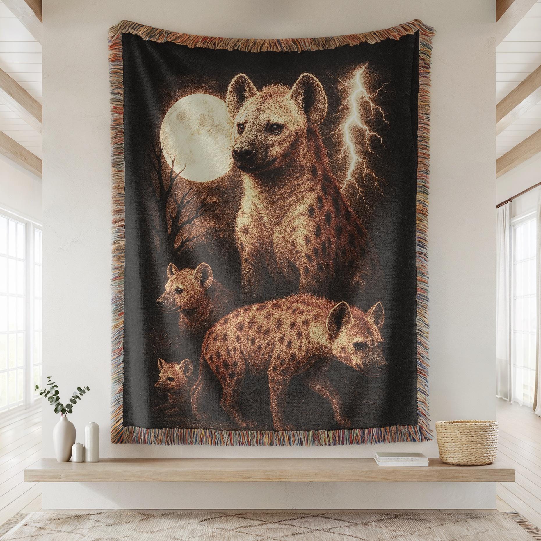 Hyena Woven Blanket, Hyena and Moon Tapestry, Hyenna Lover Gifts