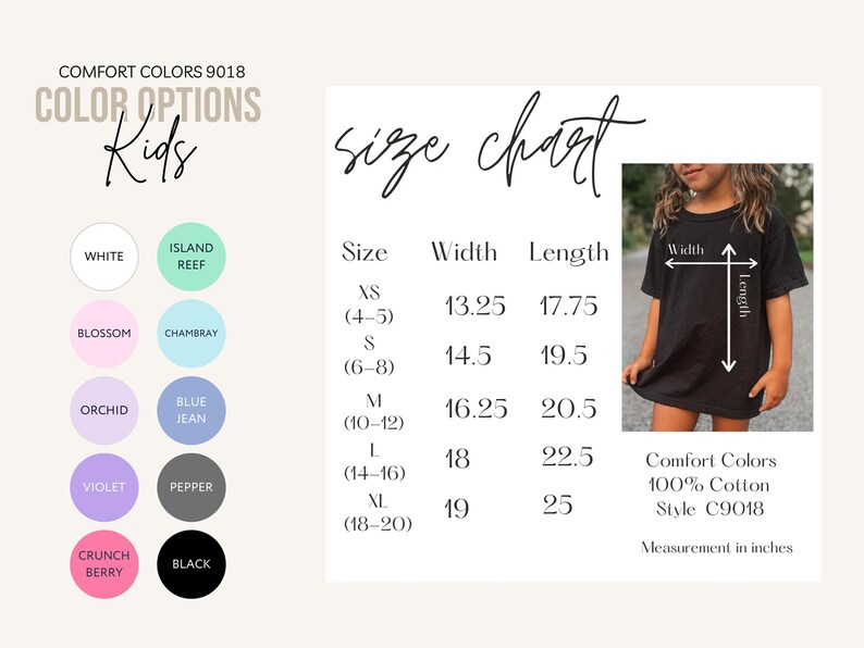 The image is a color options chart for kids, providing a visual guide for selecting comfortable colors based on size and preference.
