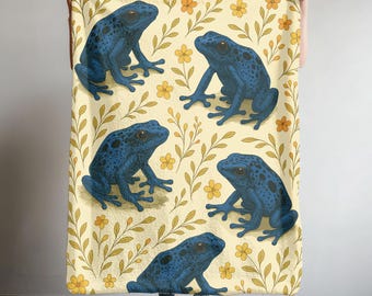 Blue Poison Dart Frog Soft Blanket, Frog Velveteen Throw, Floral Frog Tapestry, Cute Frog Fleece Lap Throw
