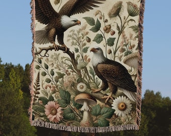 Koc z tkaniny Eagle, tkana gobelinowa tkanina Raven Boho, narzuta na ścianę Eagle w stylu rustykalnym, estetyczna dekoracja ścienna Cottagecore, koc Eagle na wieczór filmowy, jesienne klimaty