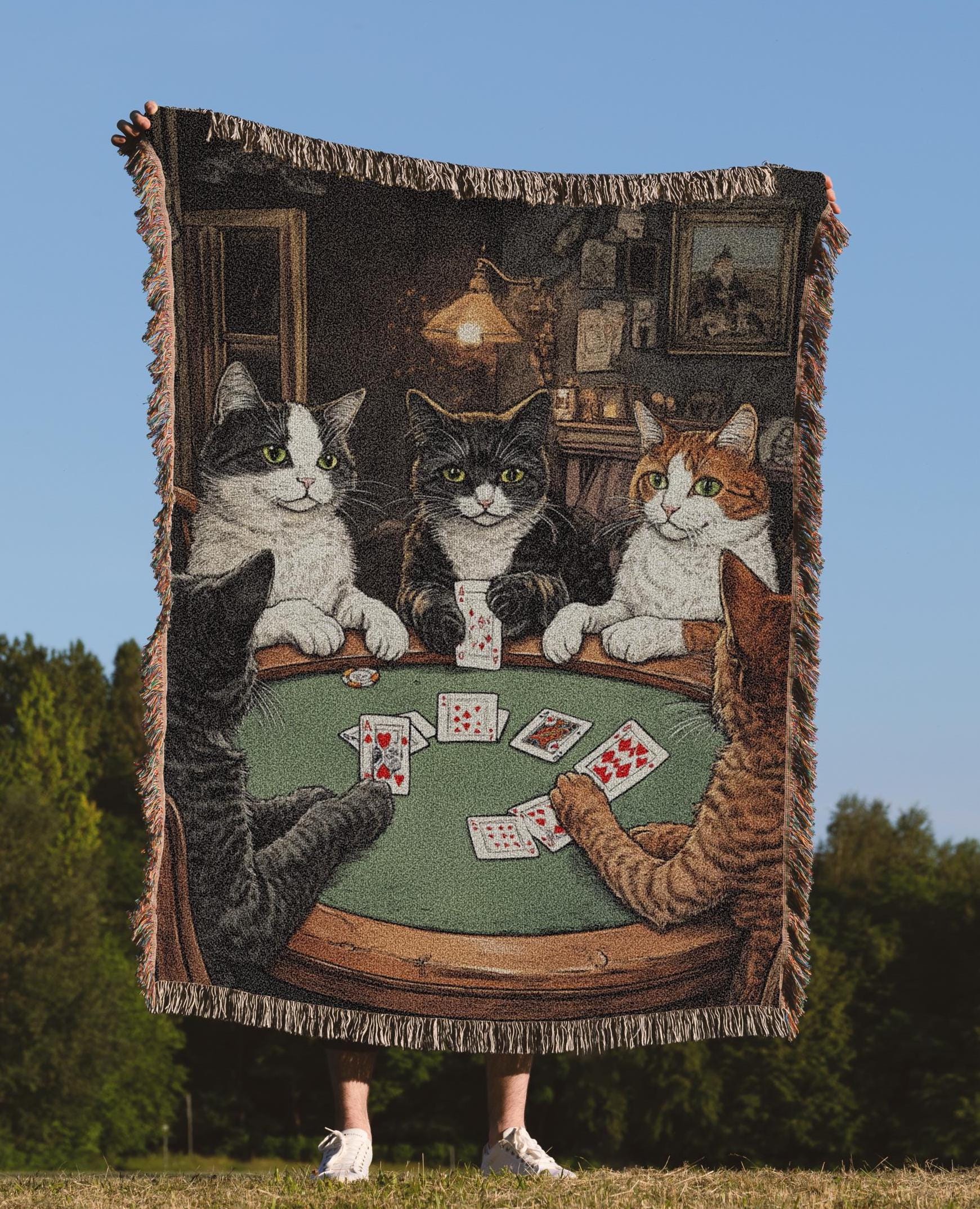 Cats Playing Poker Woven Blanket, Cats Playing Poker Woven